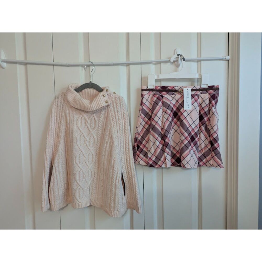 Gorgeous Janie and Jack Fall Set NWT Skirt / EUC poncho 8 plaid pink pleated
